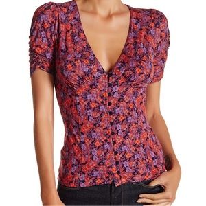 Free People Hollywood Floral Printed Tee with ruched sleeves- XS in plum